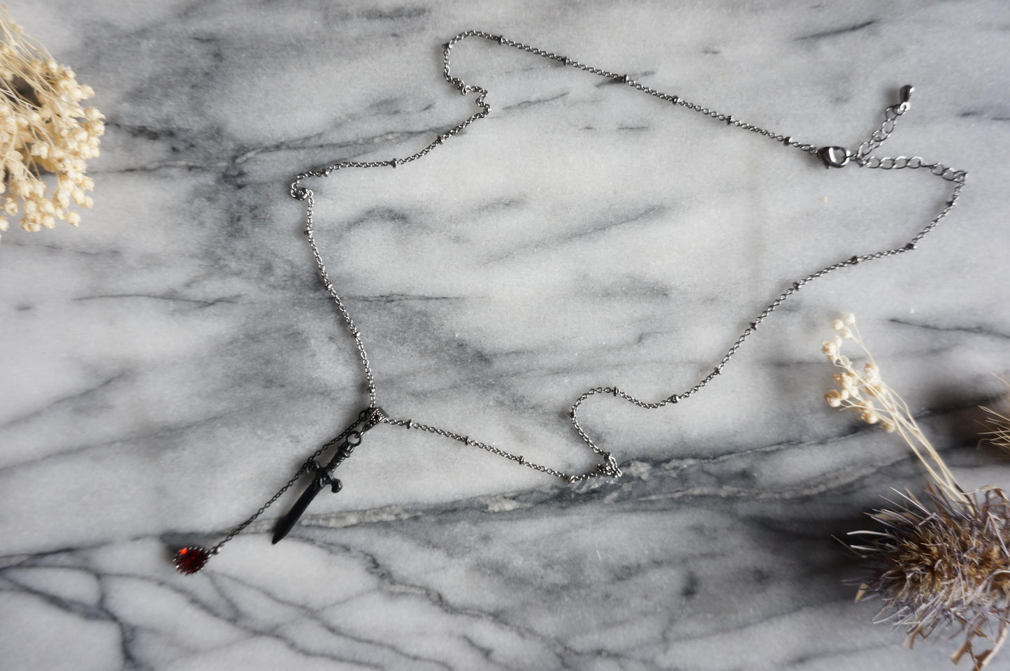 Sword and Blood Drop Necklace / Gold or Silver, Black Deep Red Teardrop Necklace