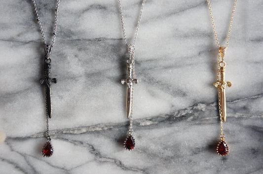 Sword and Blood Drop Necklace / Gold or Silver, Black Deep Red Teardrop Necklace