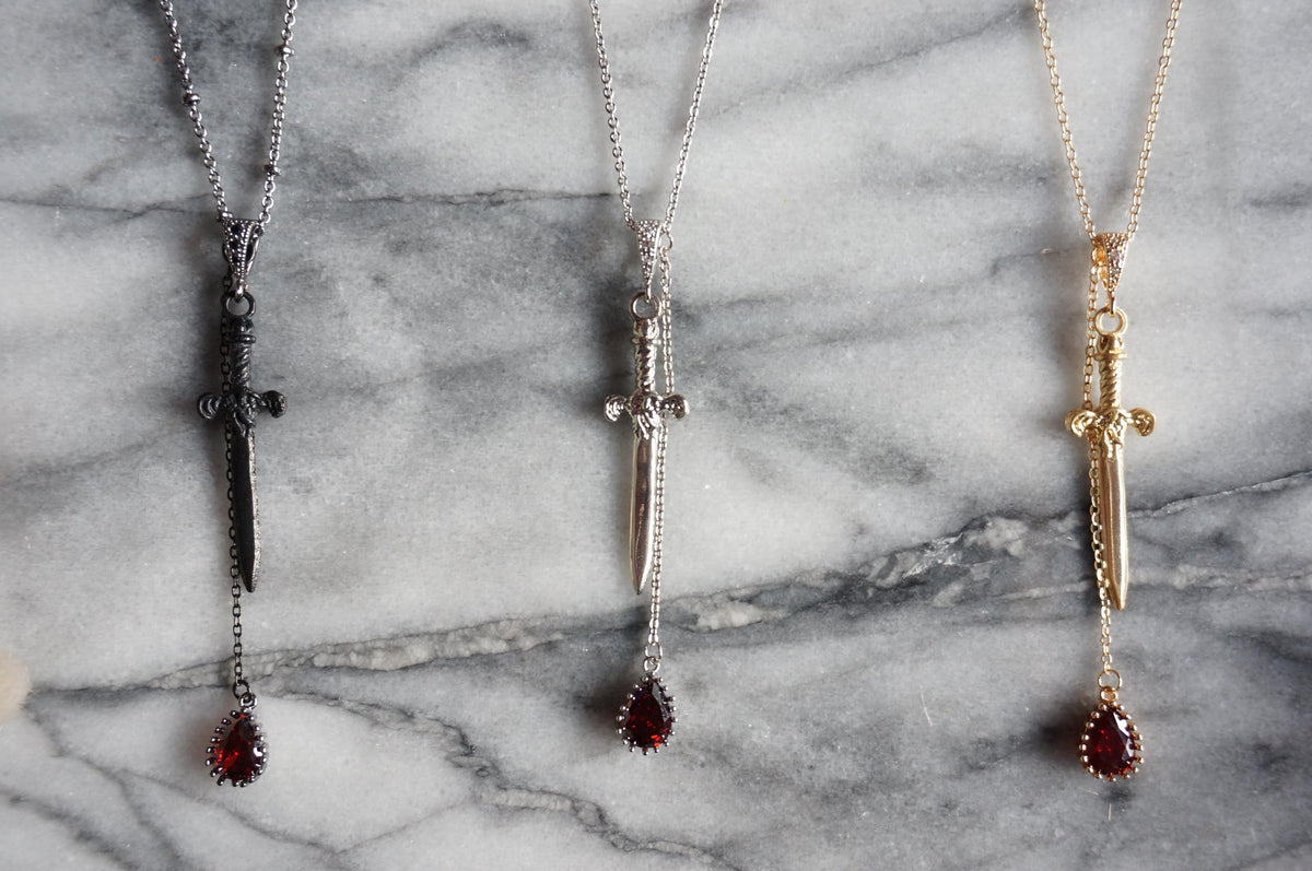 Sword and Blood Drop Necklace / Gold or Silver, Black Deep Red Teardrop Necklace