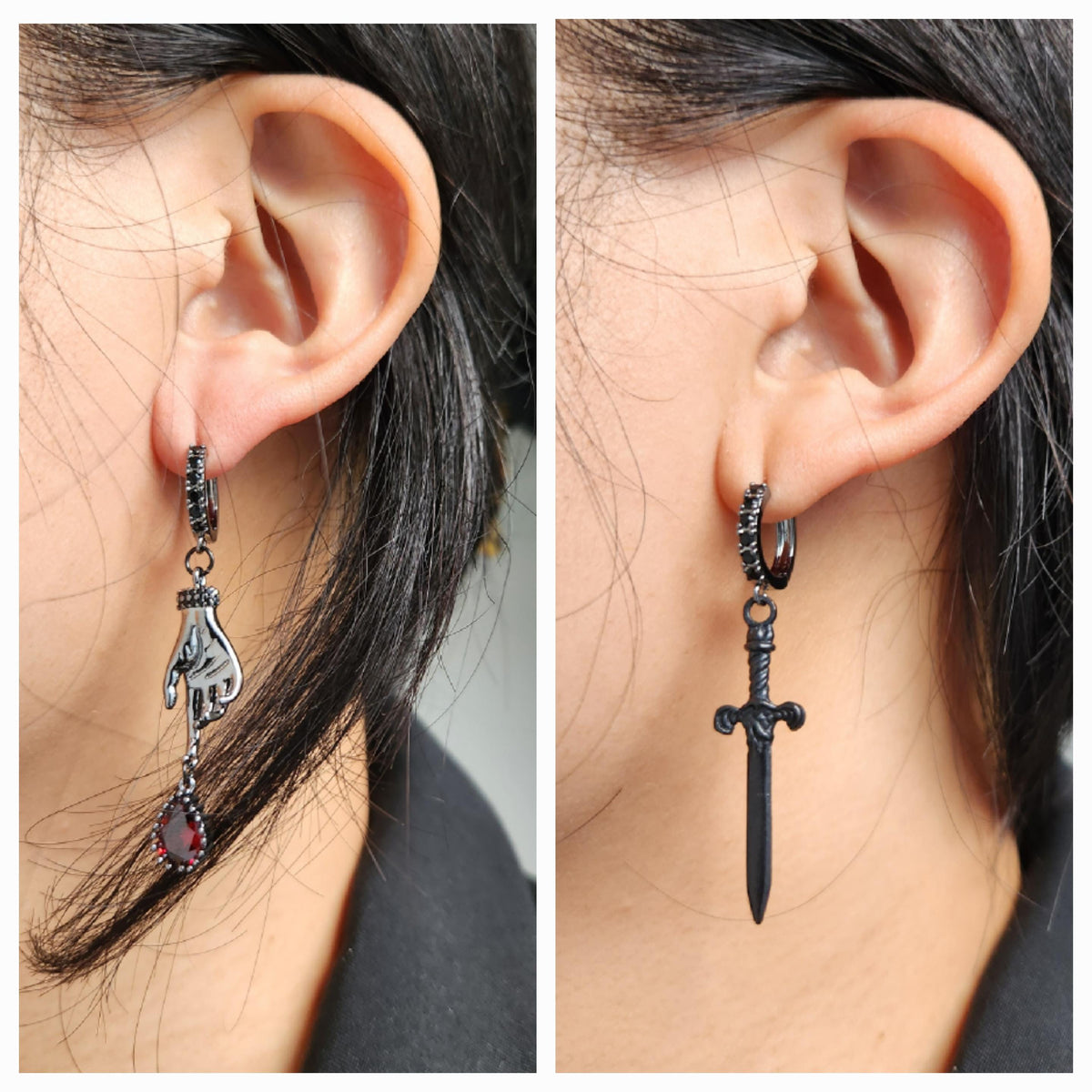 LADY MACBETH Gold / Silver / Black Sword, Hand and Blooddrop Earrings / Hoops