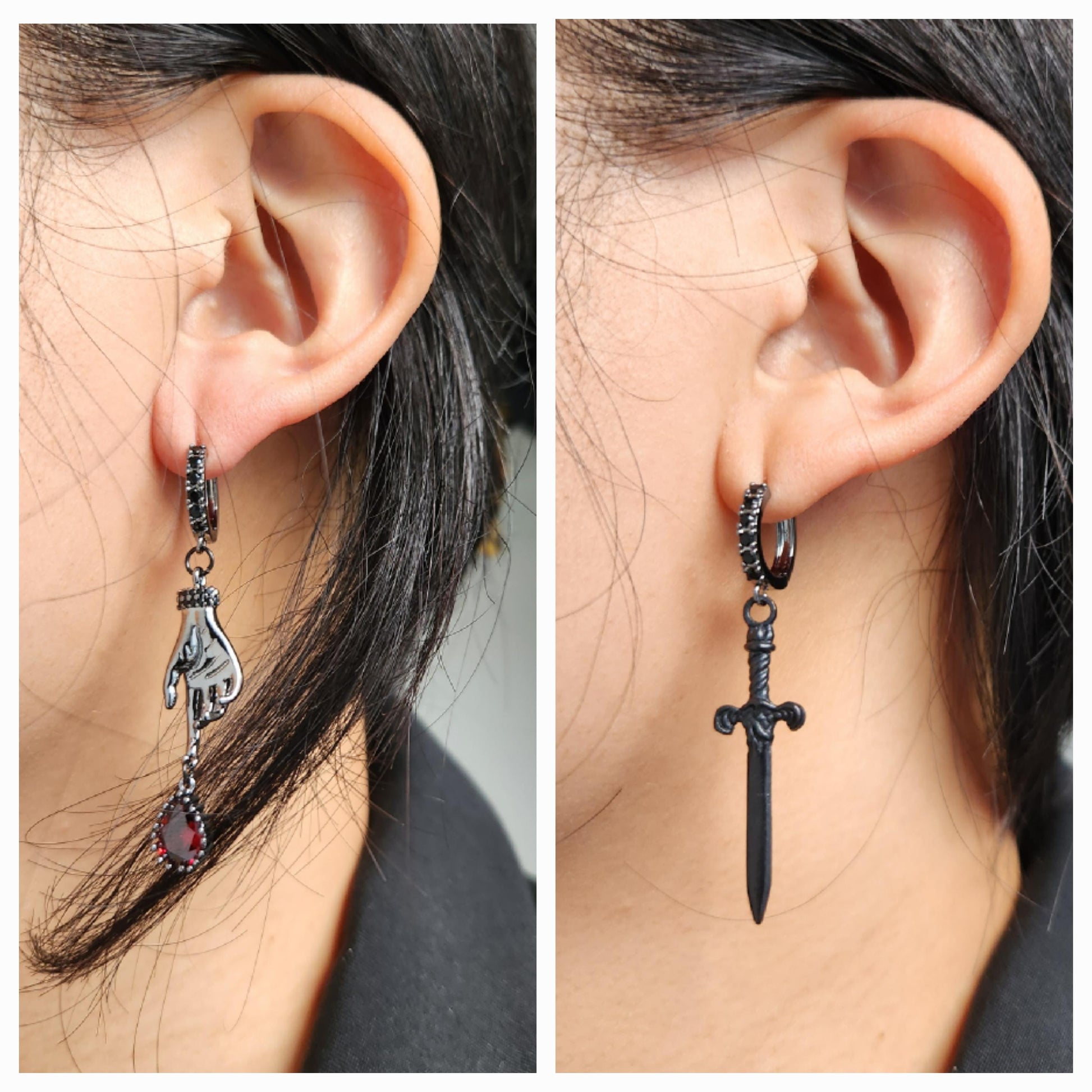 LADY MACBETH Gold / Silver / Black Sword, Hand and Blooddrop Earrings / Hoops