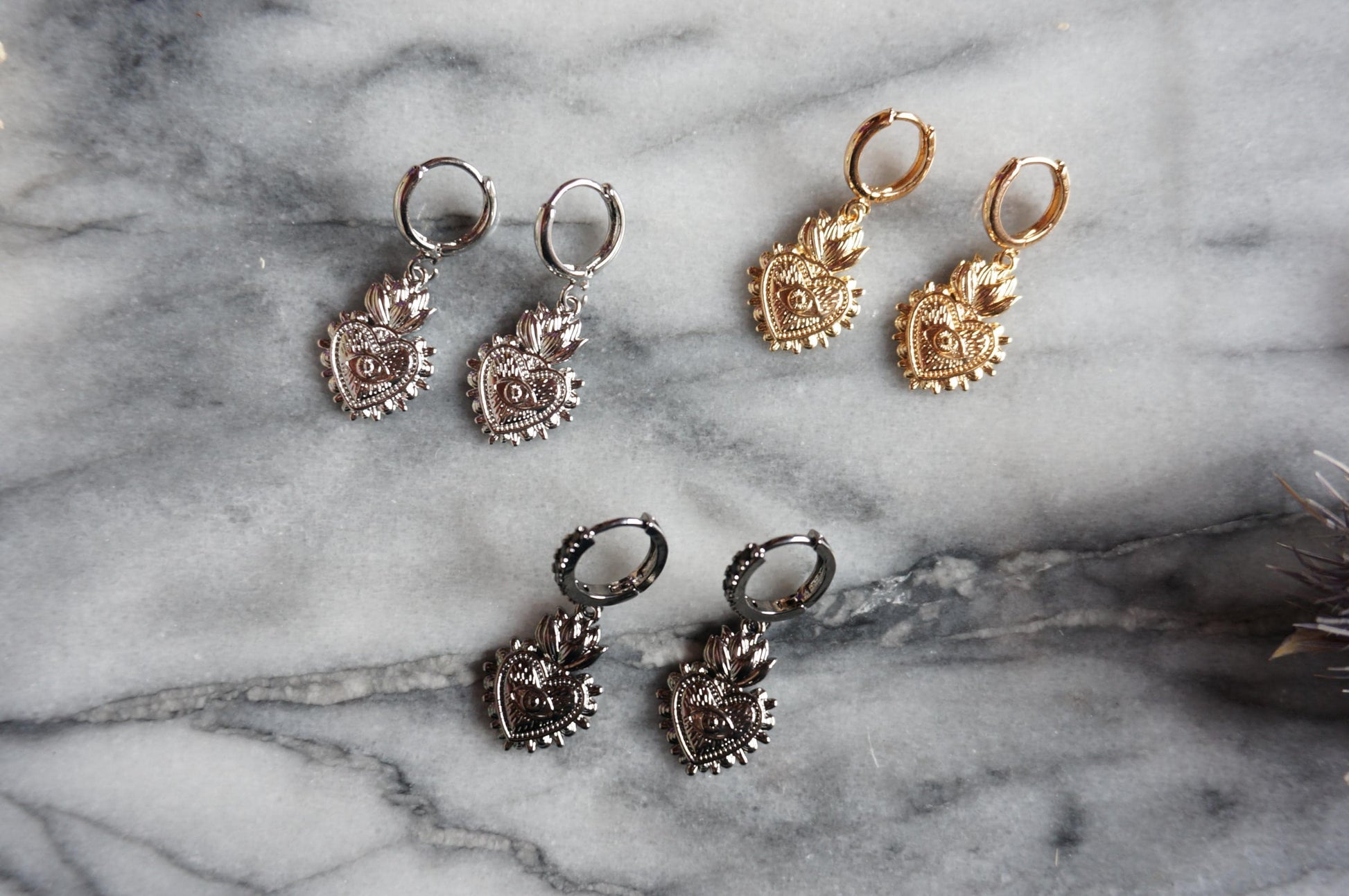 Simple Sacred Heart with Evil Eye Gold / Silver / Black Huggie Earrings