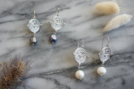 El Dorado Antique Silver Coin and Baroque White / Black Pearl Earrings / Boho Pearl Earrings