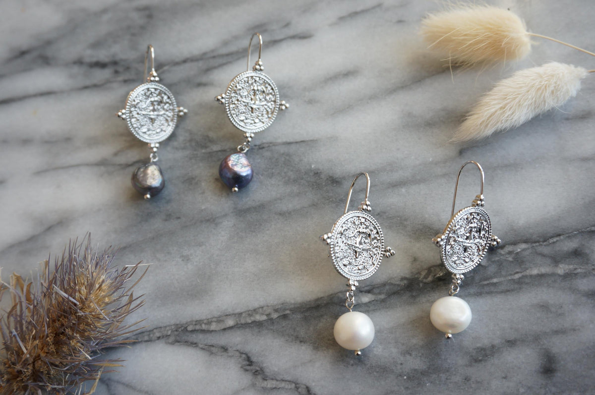 El Dorado Antique Silver Coin and Baroque White / Black Pearl Earrings / Boho Pearl Earrings