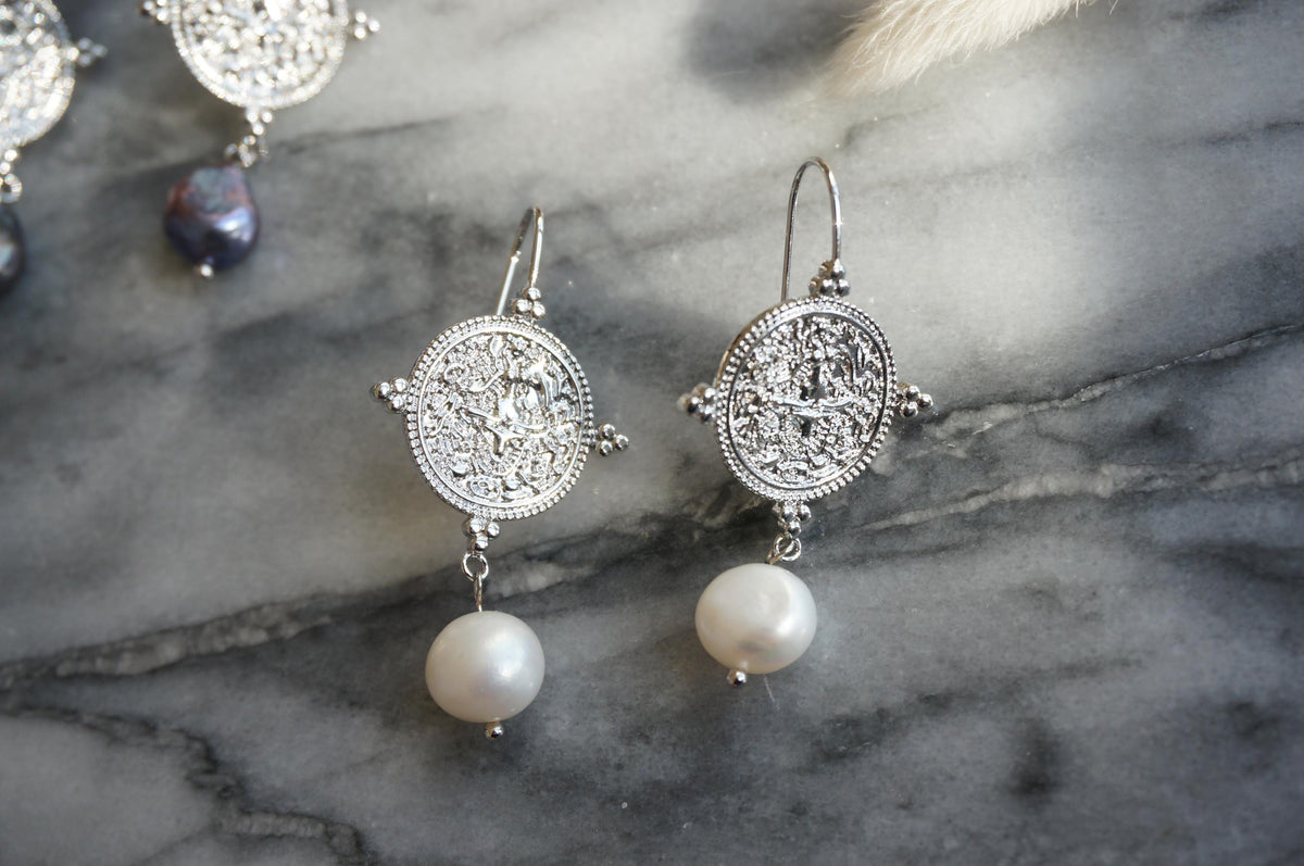 El Dorado Silver Coin Pearl Drop Earrings, Dangle Earrings, Elegant Jewelry