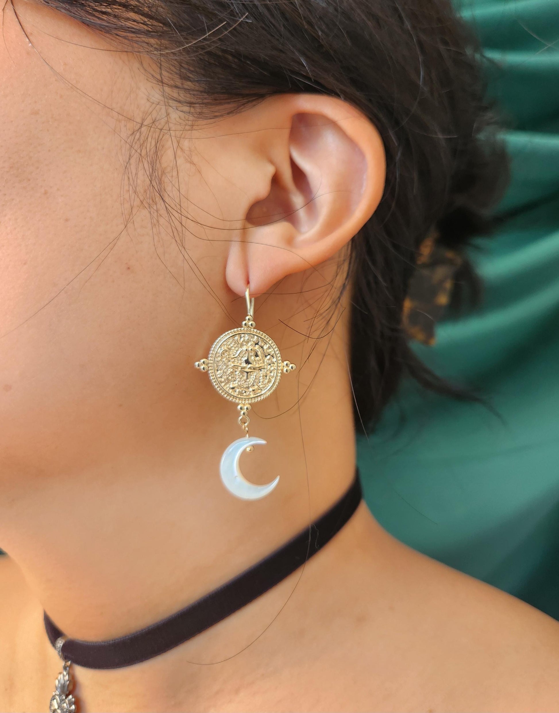 LA LUNA Magic Circle and Mother of Pearl Crescent Moon Earrings / Gold and Silver Earrings