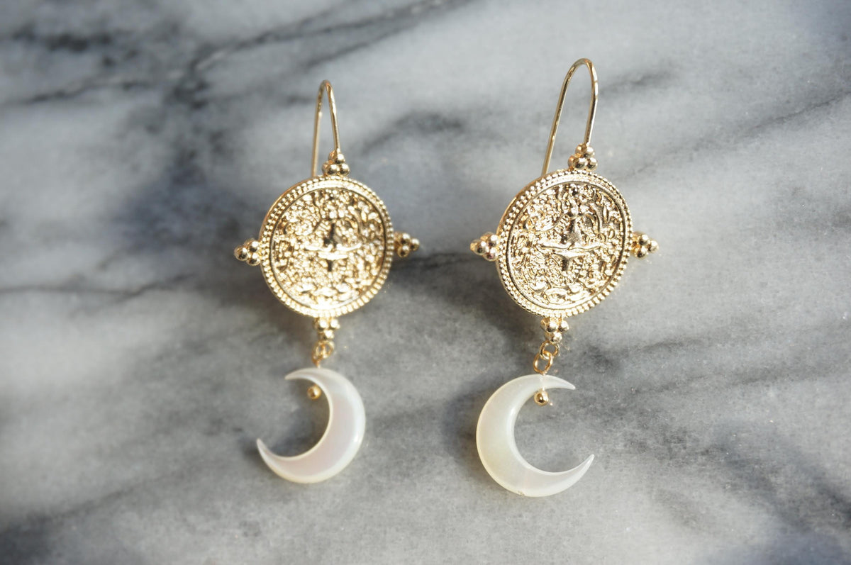 La Luna Gold Coin & Moon Dangle Earrings, Celestial Jewelry