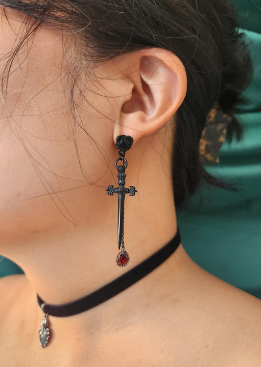 ROMEO Black Rose, Dagger and Blood Drop Earrings