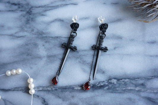 ROMEO Black Rose, Dagger and Blood Drop Earrings