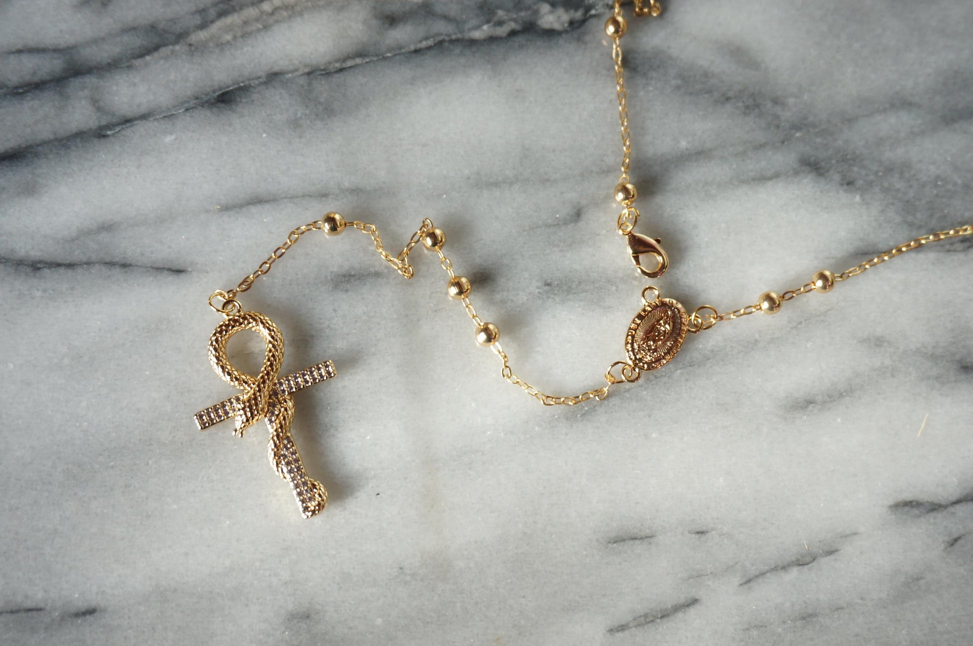 Snake Ankh Gold Rosary Style Necklace / Cross Necklace
