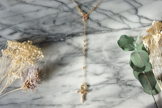 Snake Ankh Gold Rosary Style Necklace / Cross Necklace
