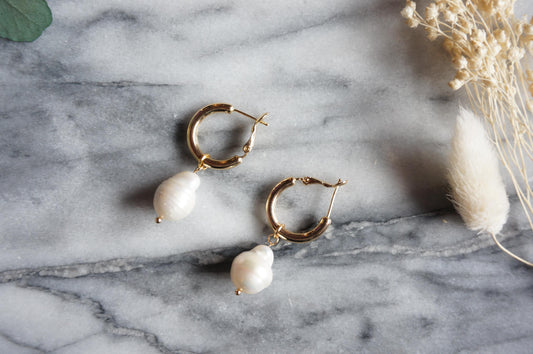 VERMEER Antique Genuine Pearl Earrings / Freshwater Pearl Hoop Earrings