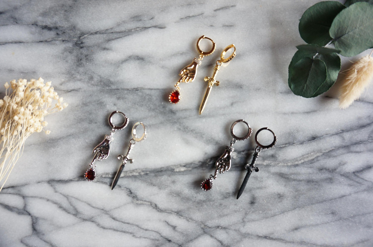 LADY MACBETH Gold / Silver / Black Sword, Hand and Blooddrop Earrings / Hoops