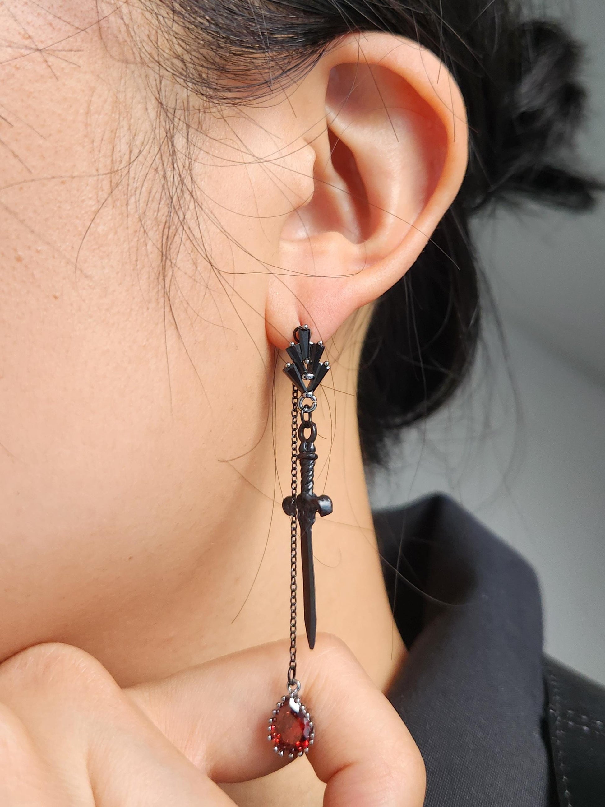 Sword and Blood Drop Dangle 2 Way Earrings / Gold,Silver, Black Deep Red Teardrop Earrings
