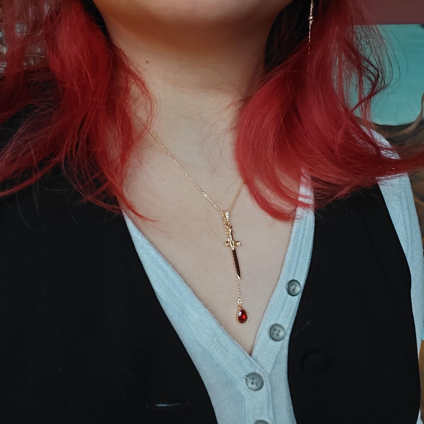 Sword and Blood Drop Necklace / Gold or Silver, Black Deep Red Teardrop Necklace