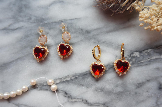 AMO Red/Blue/Green Heart Gold Earrings Studs/Huggies