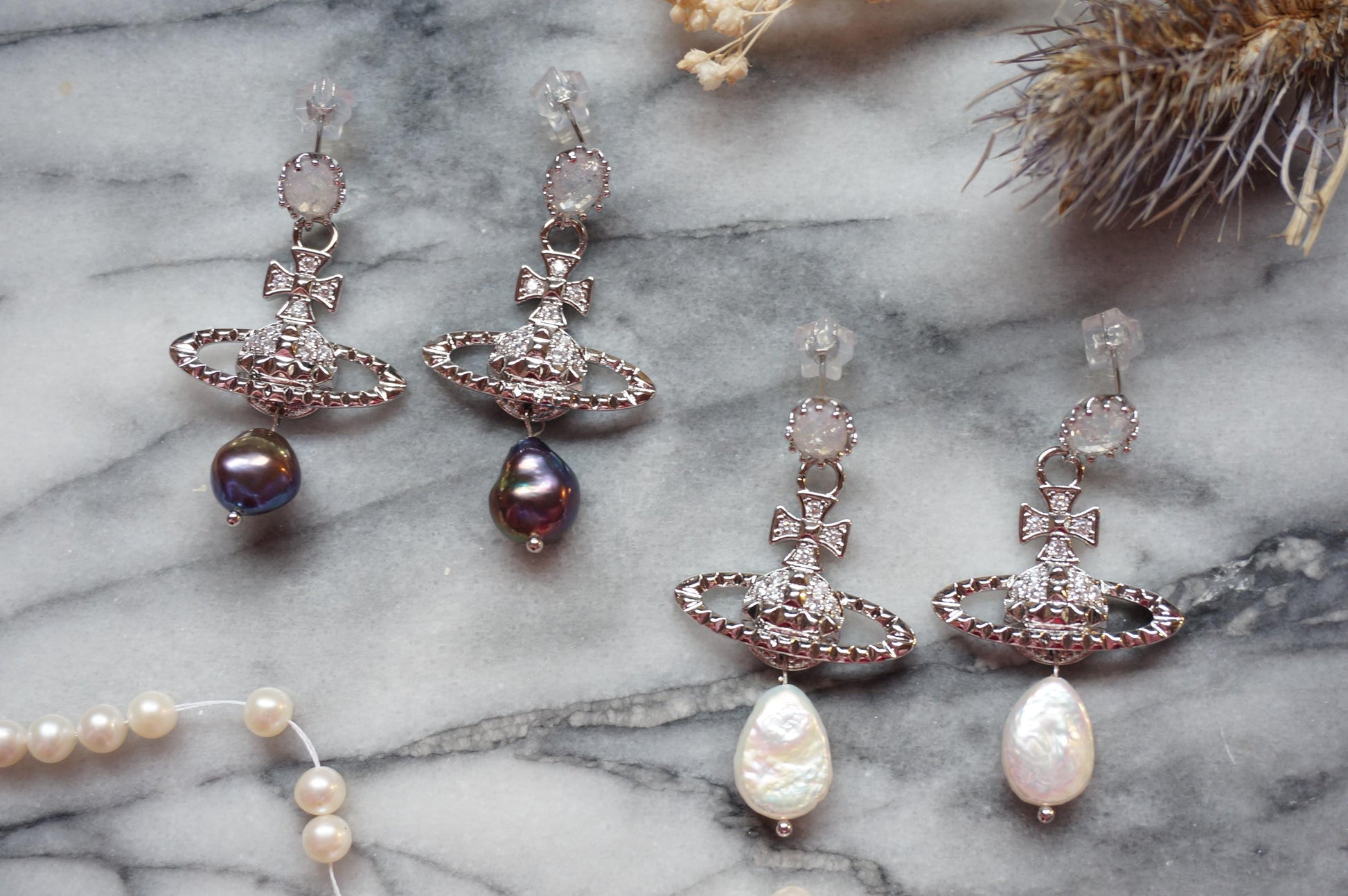 VICTORIA Gold/Silver Orb and Teardrop Pearl / Black Pearl Earrings