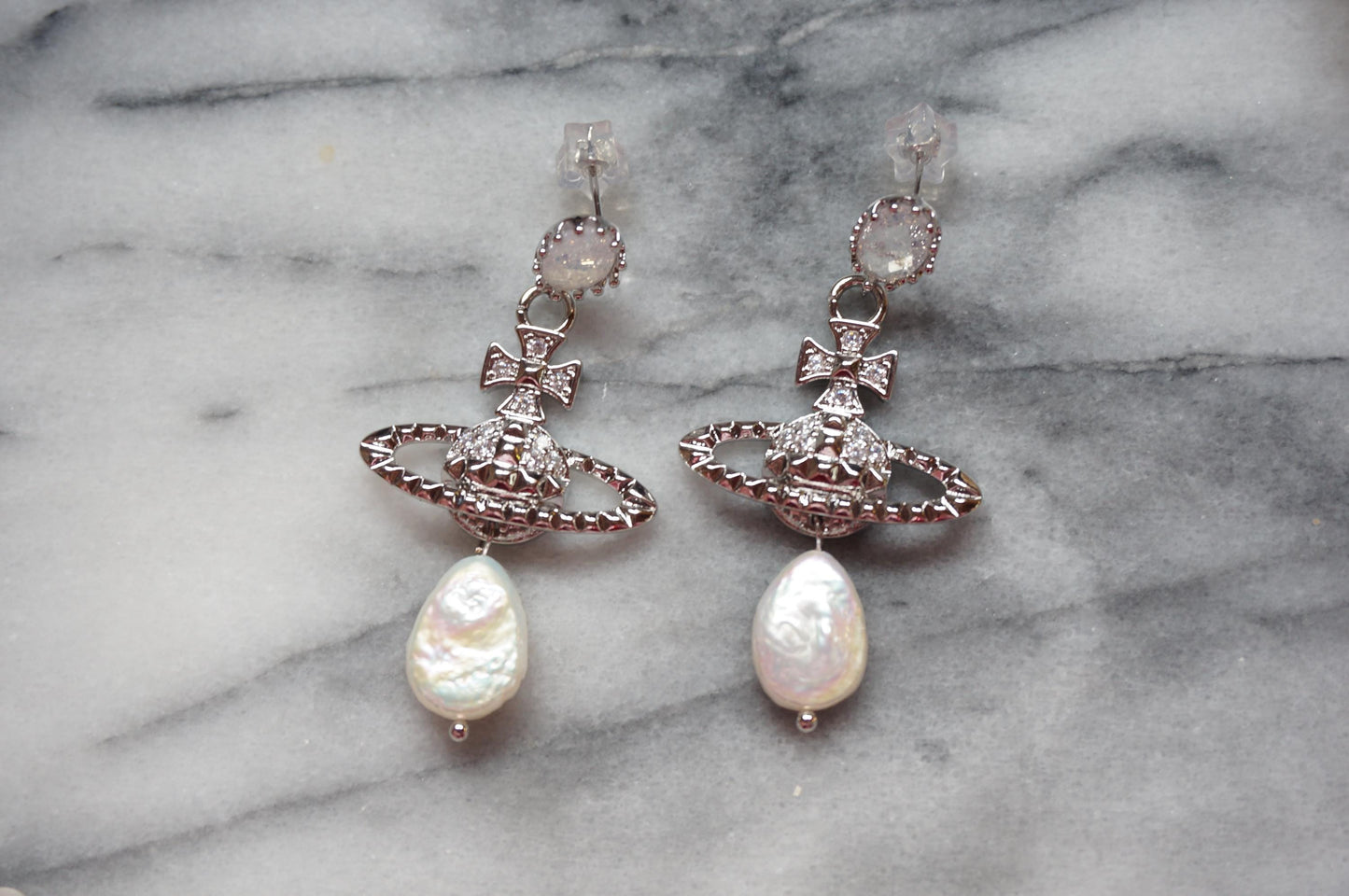 VICTORIA Gold/Silver Orb and Teardrop Pearl / Black Pearl Earrings