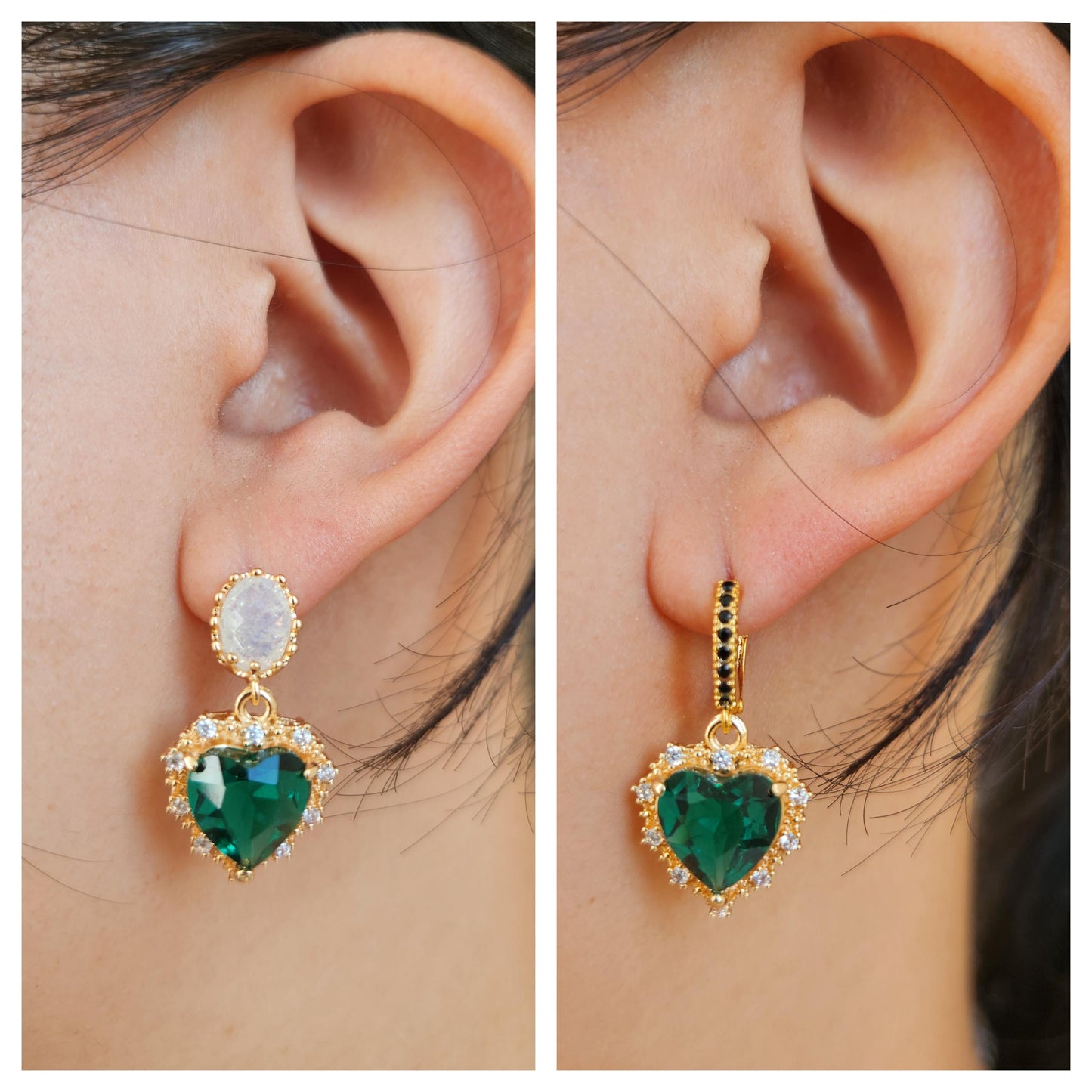 AMO Red/Blue/Green Heart Gold Earrings Studs/Huggies