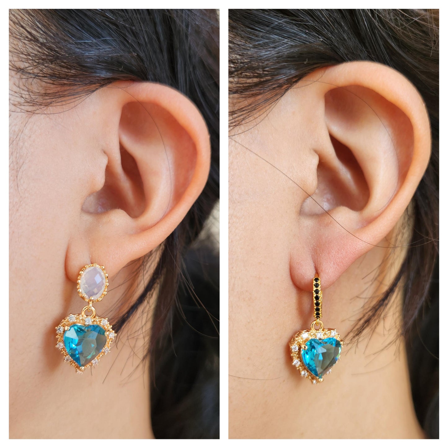 AMO Red/Blue/Green Heart Gold Earrings Studs/Huggies