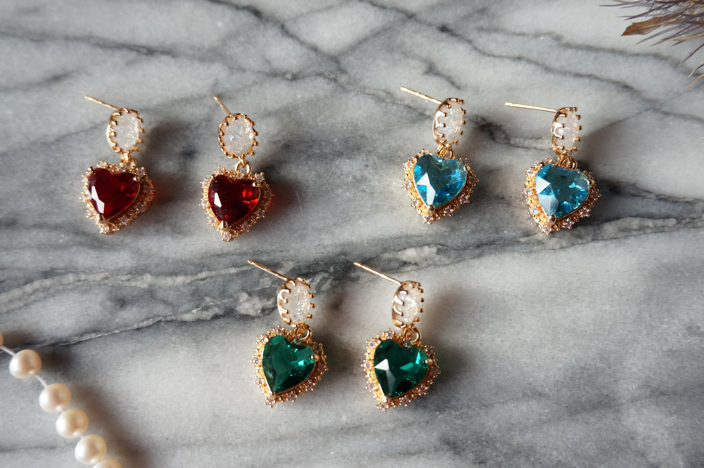 AMO Red/Blue/Green Heart Gold Earrings Studs/Huggies