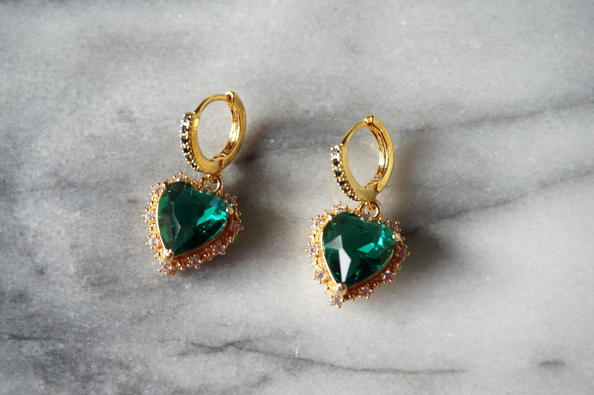 AMO Red/Blue/Green Heart Gold Earrings Studs/Huggies