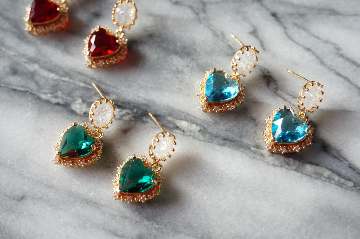 AMO Red/Blue/Green Heart Gold Earrings Studs/Huggies