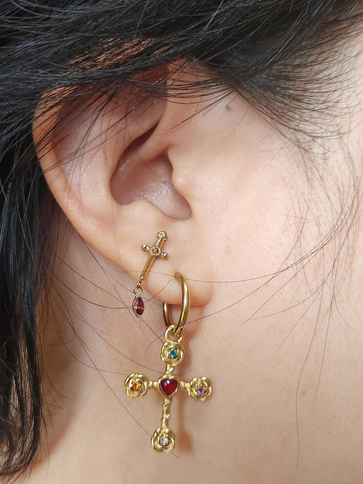 Heart Gem Cross necklace and earrings
