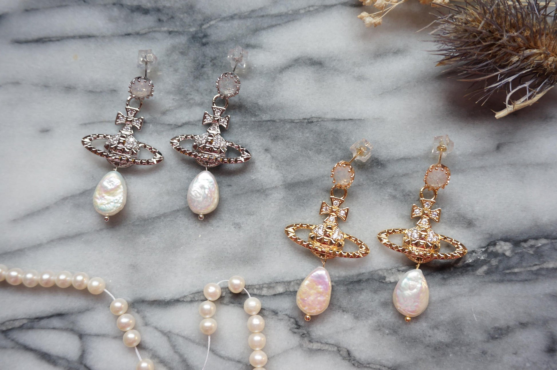 VICTORIA Gold/Silver Orb and Teardrop Pearl / Black Pearl Earrings