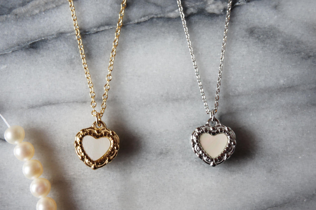 Antique Heart with Mother of Pearl Inlay Necklace Gold/Silver