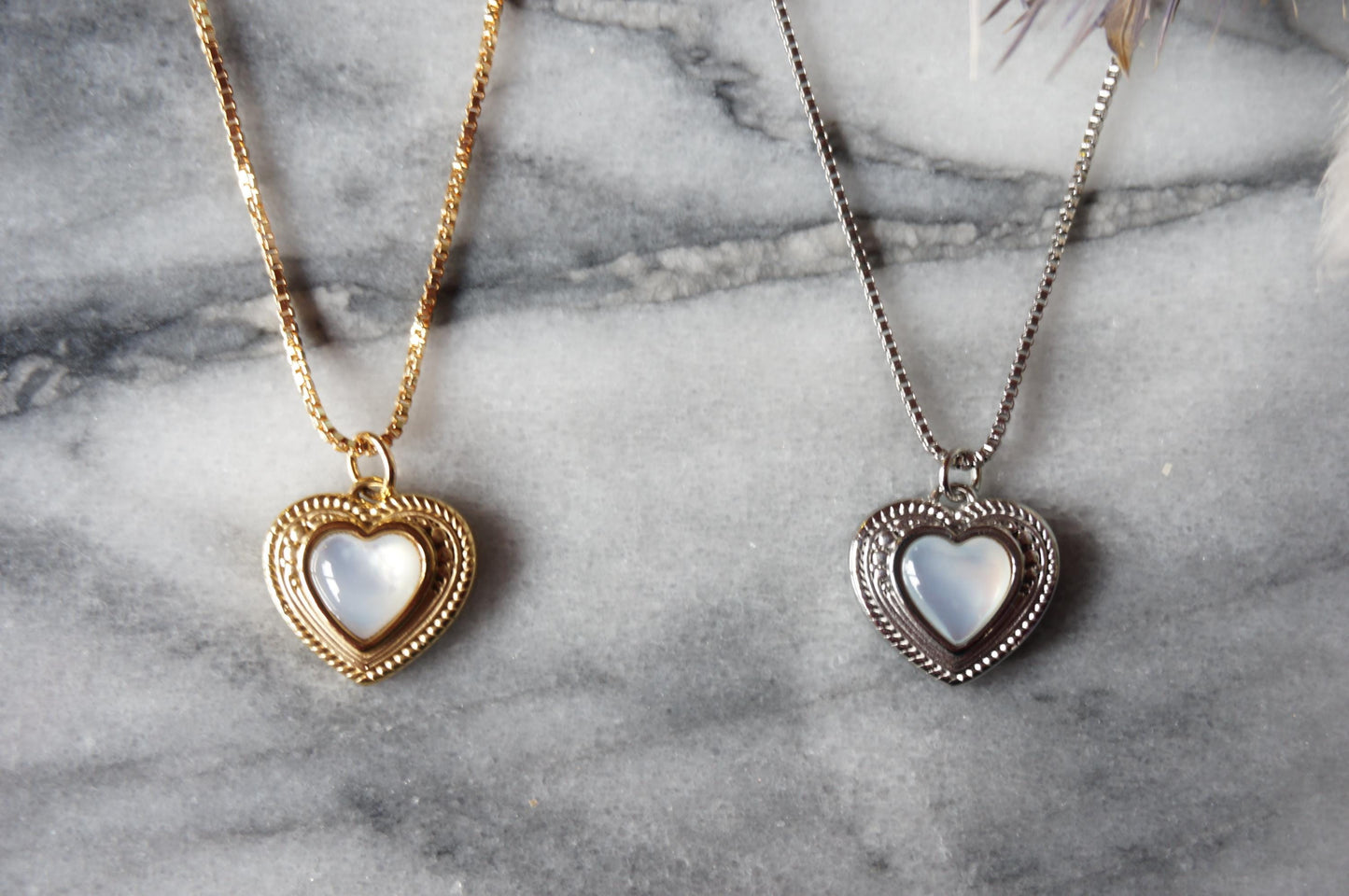 Antique Heart with Mother of Pearl Inlay Necklace Gold/Silver
