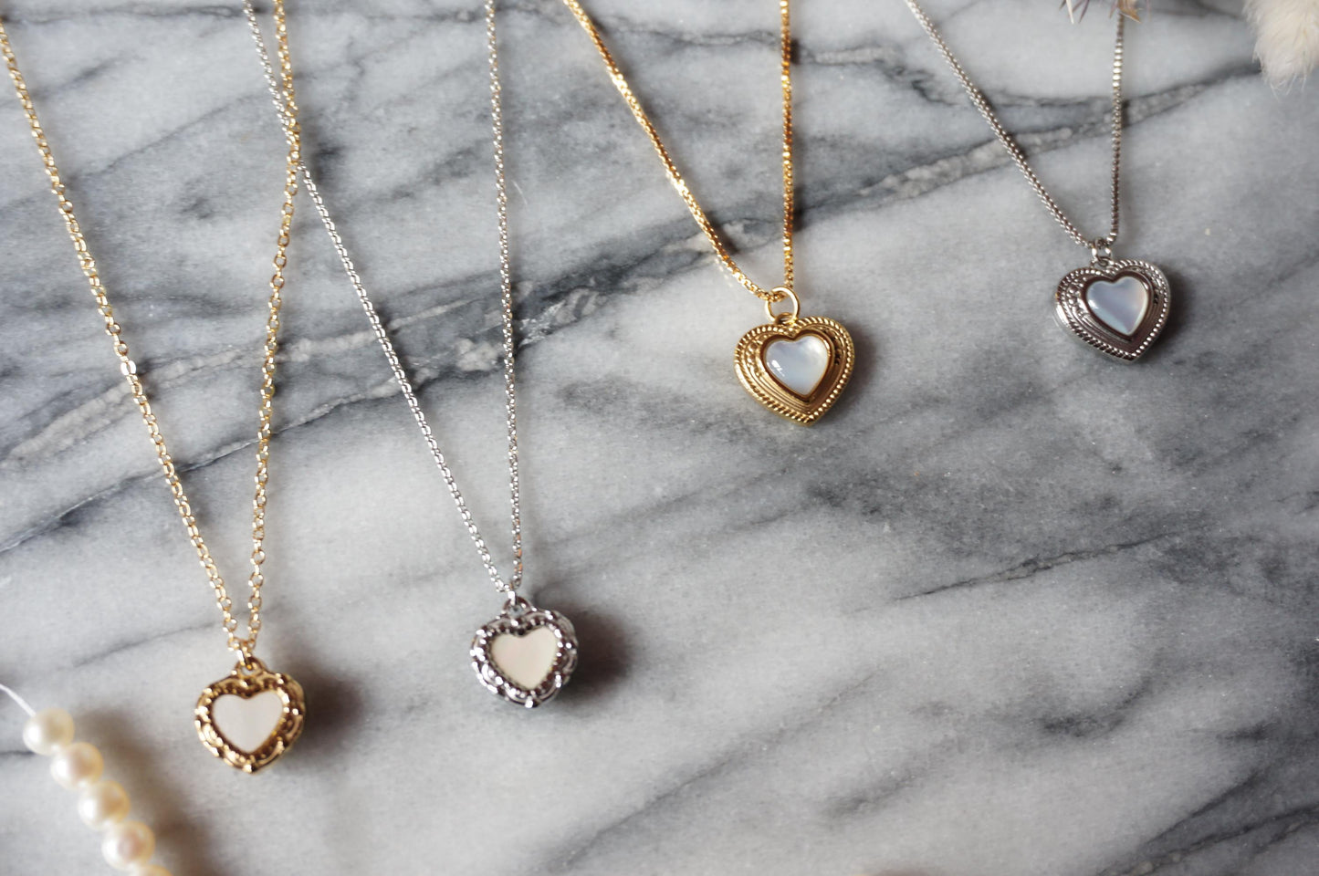 Antique Heart with Mother of Pearl Inlay Necklace Gold/Silver