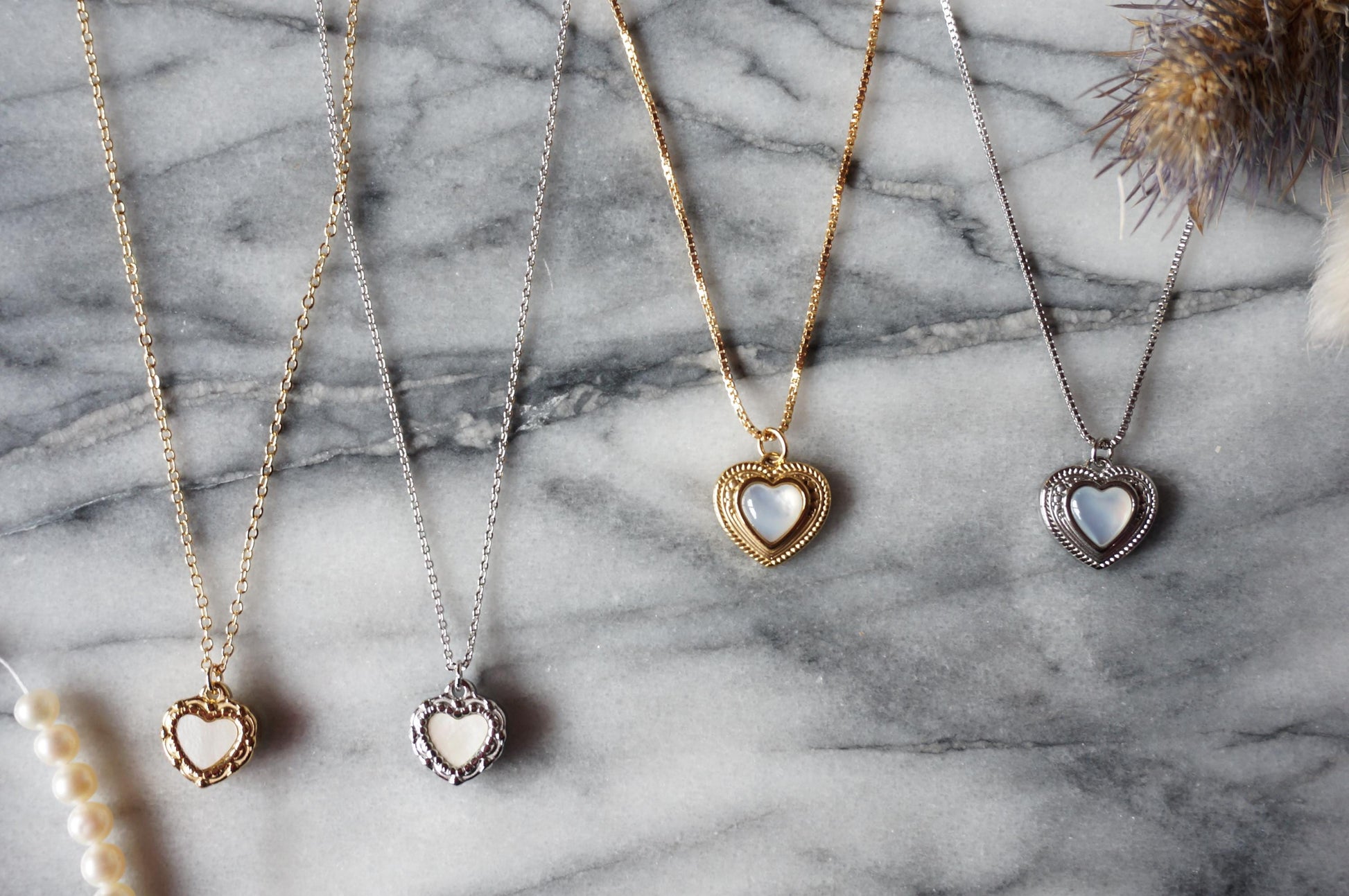 Antique Heart with Mother of Pearl Inlay Necklace Gold/Silver