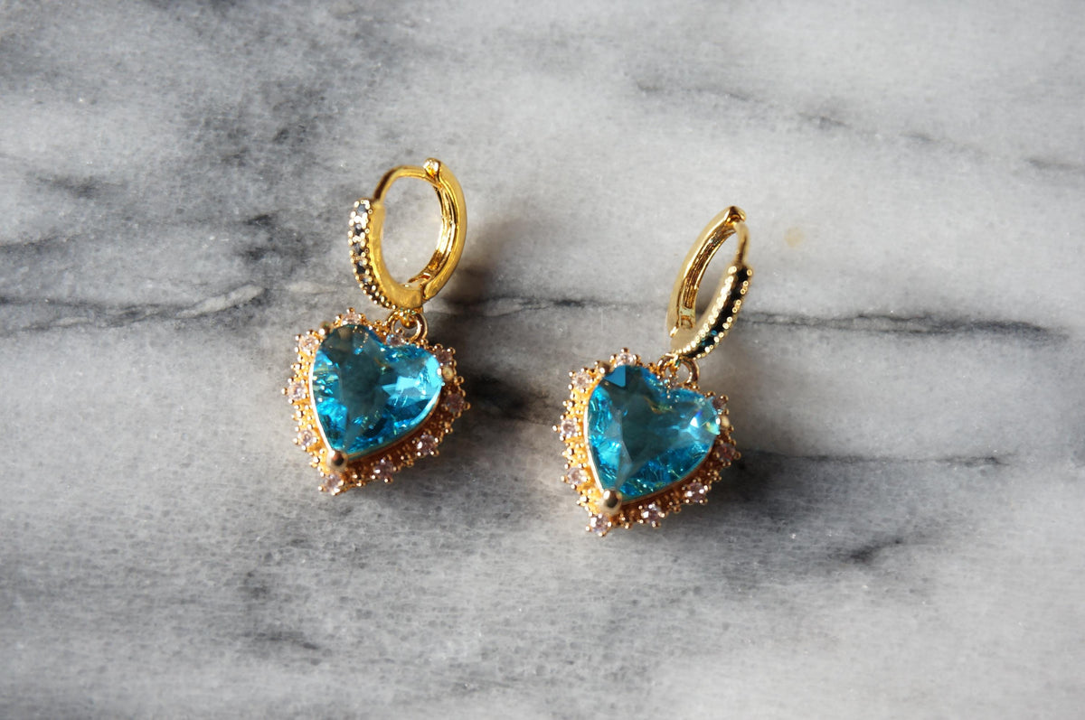 AMO Red/Blue/Green Heart Gold Earrings Studs/Huggies