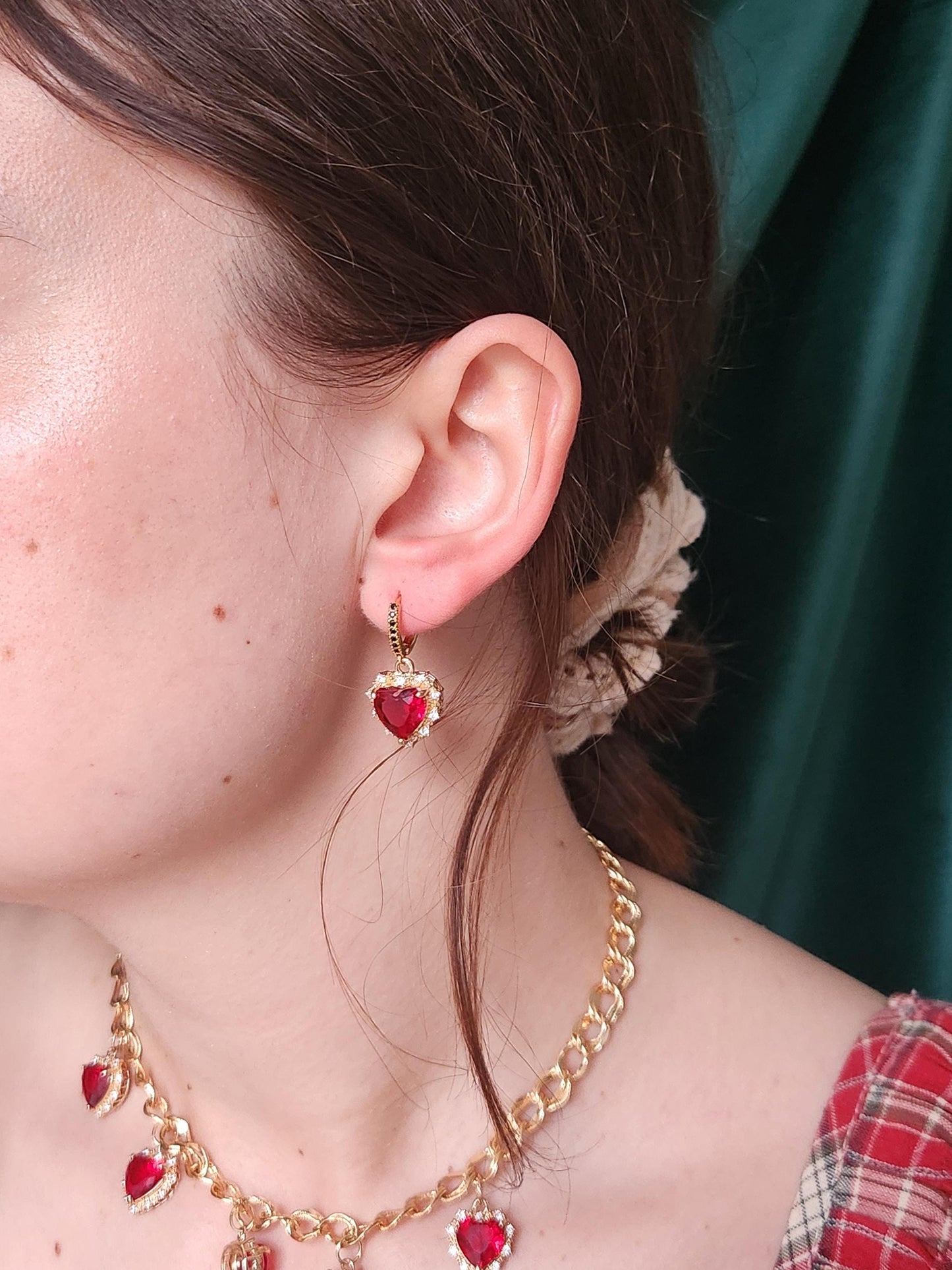 AMO Red/Blue/Green Heart Gold Earrings Studs/Huggies