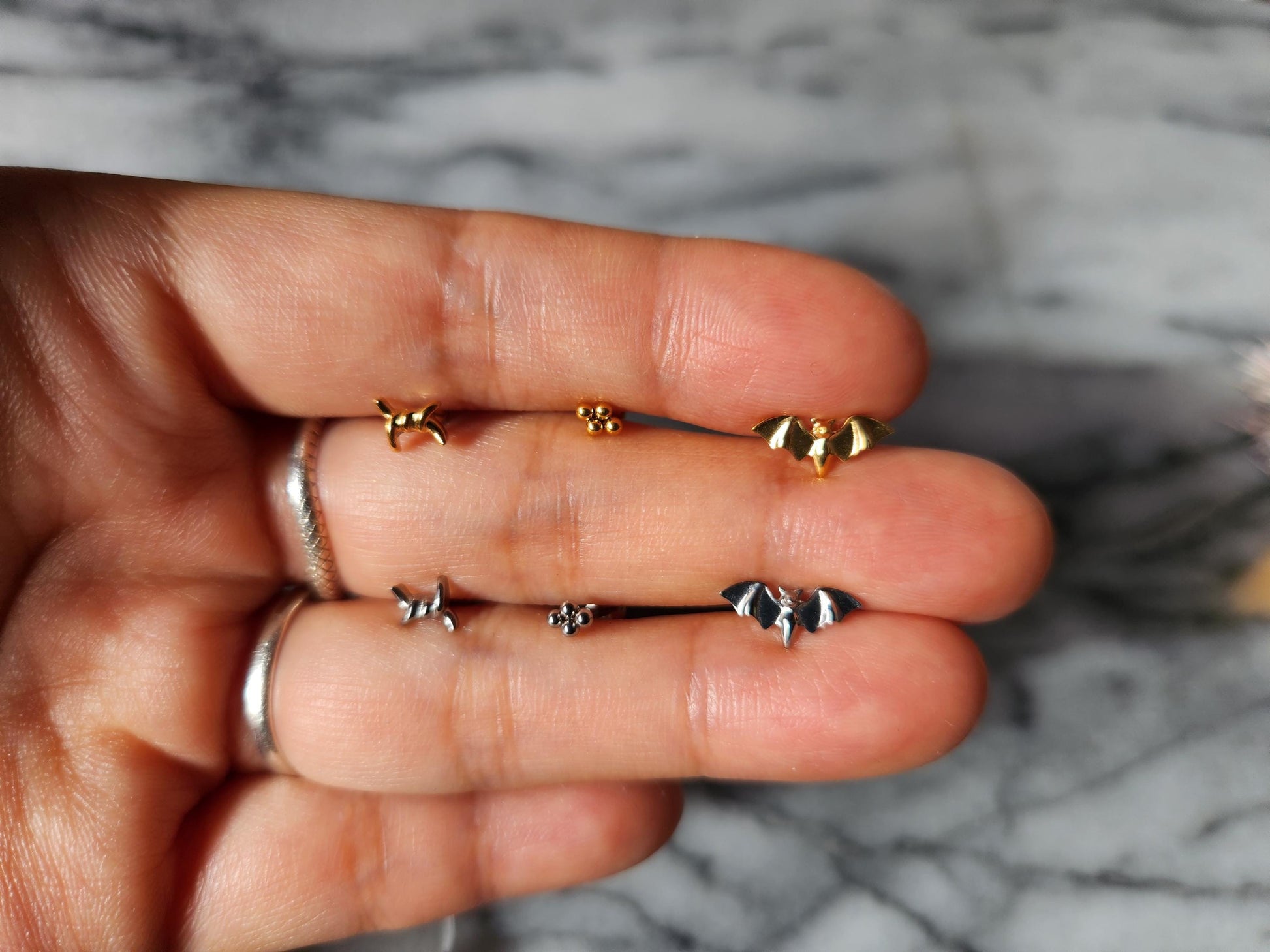Flat Back Piercing / Screw on Stud / Bats / / Tragus / Conch/ Helix Piercing in Gold/ Silver