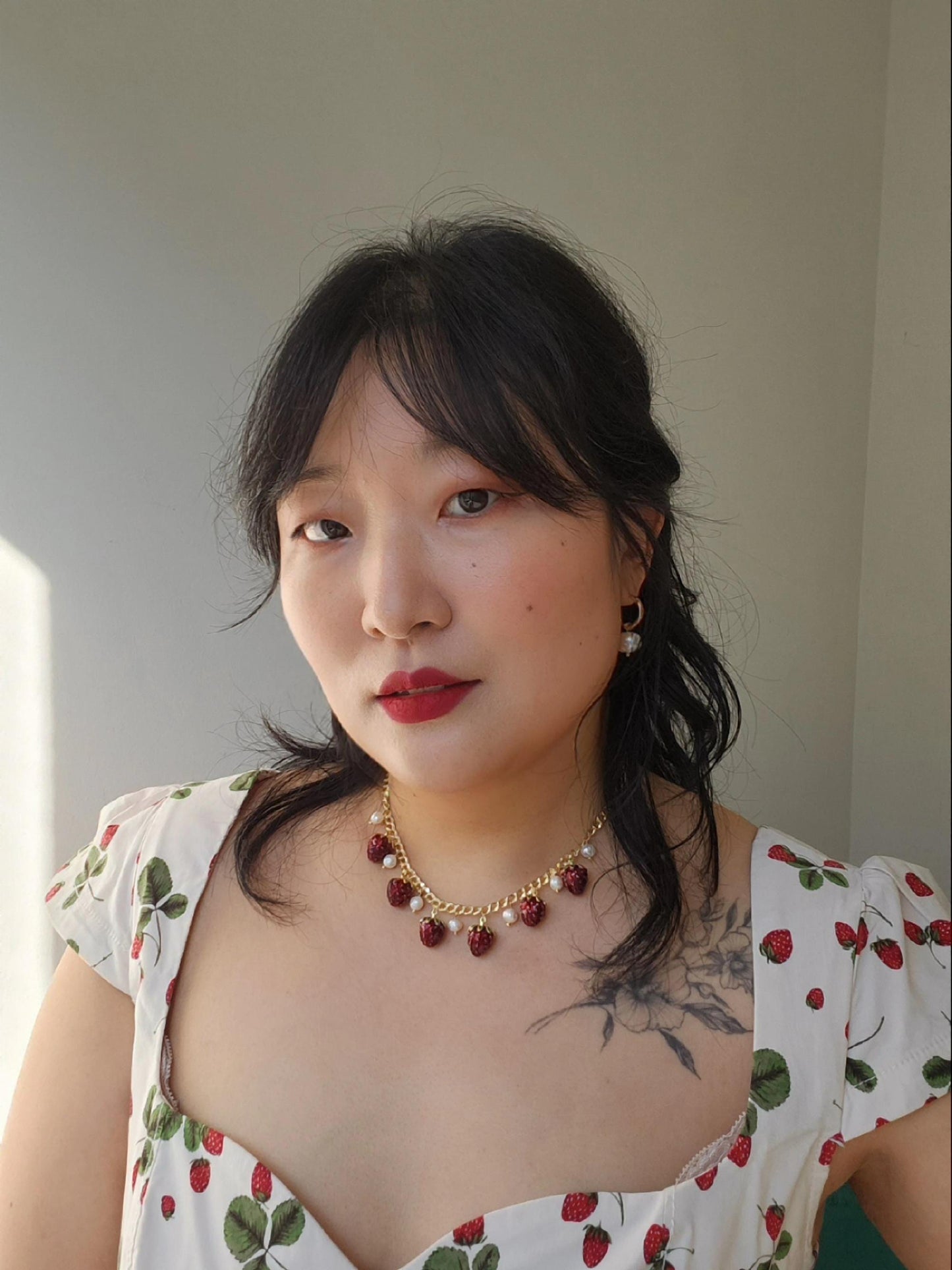 Strawberry Field Pearl cluster necklace, strawberries and pearl gold necklace