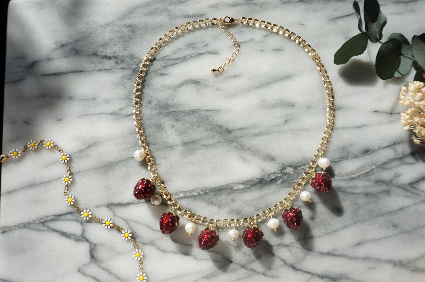 Strawberry Field Pearl cluster necklace, strawberries and pearl gold necklace
