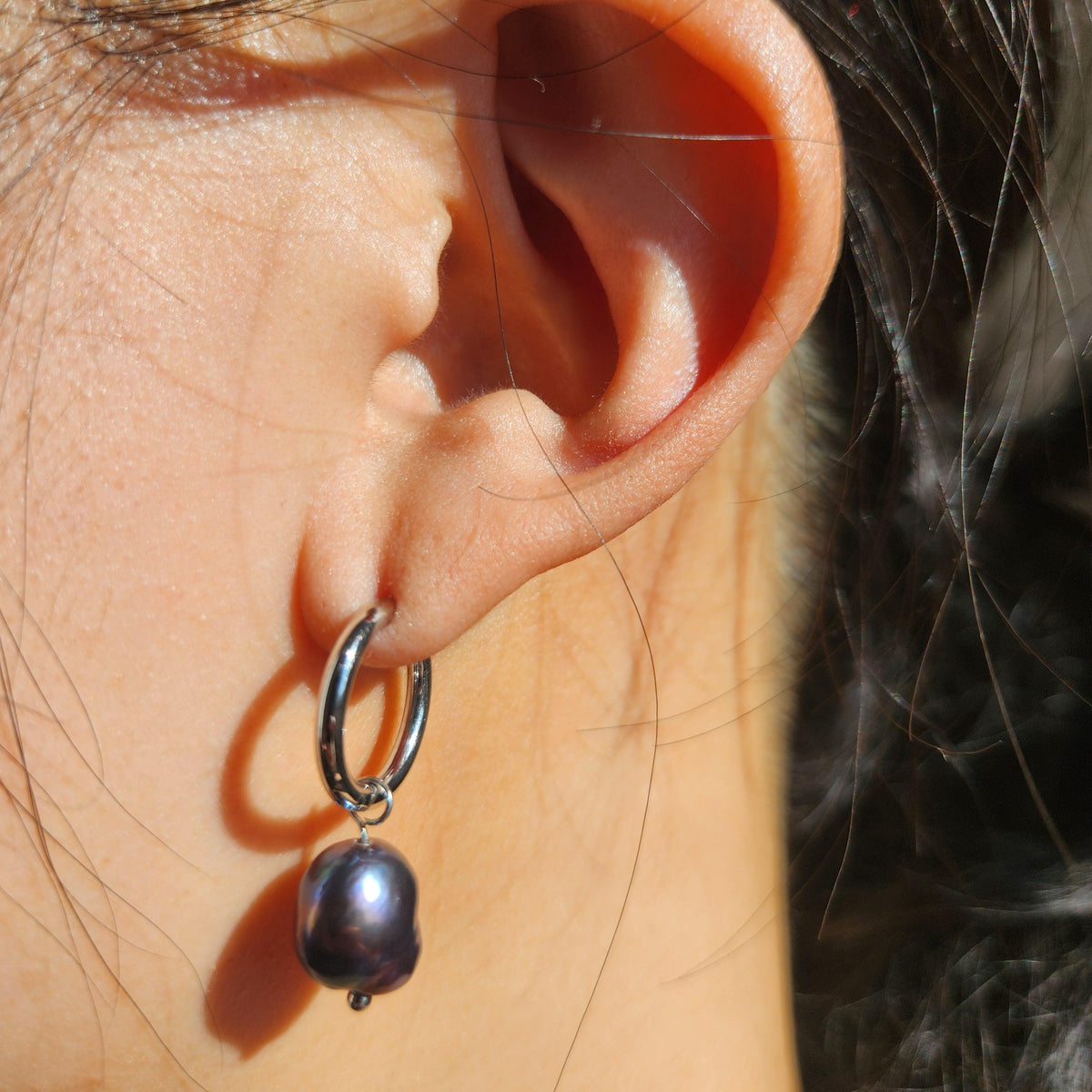 Baroque Pearl Hoop Earrings: White, Black, Gold/Rhodium Plated Brass