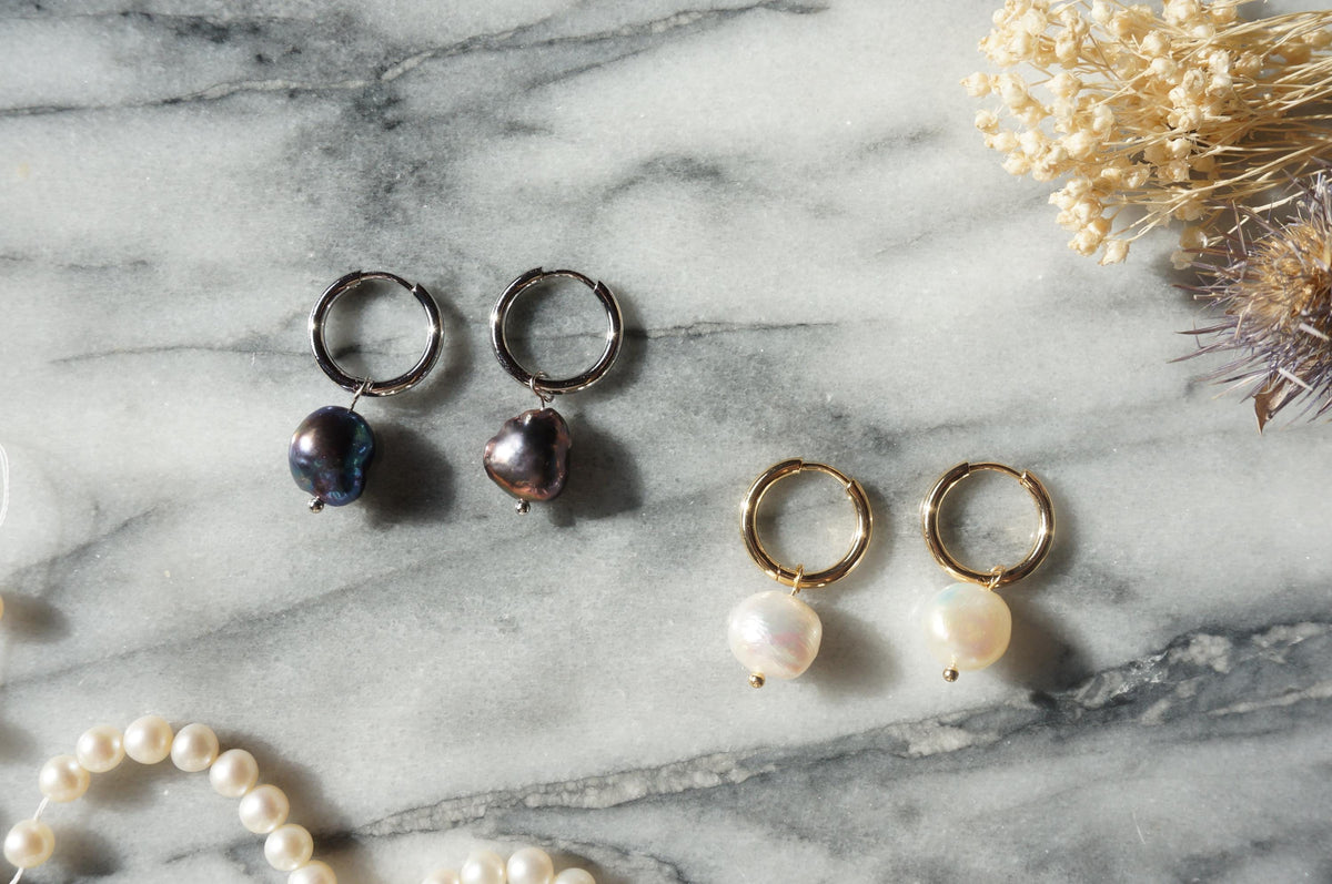 Baroque Pearl Hoop Earrings: White, Black, Gold/Rhodium Plated Brass