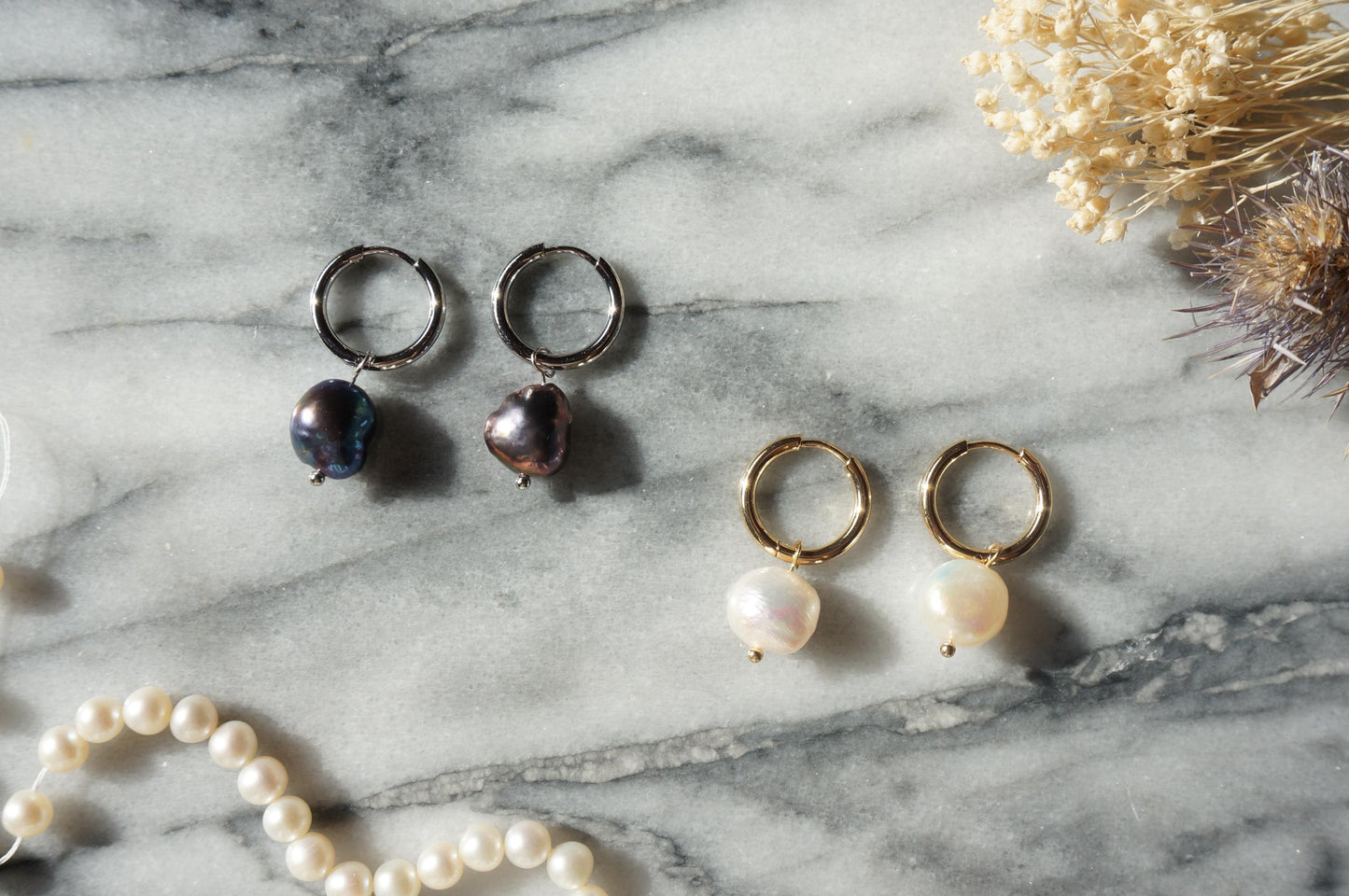 Minimal baroque white/black pearl hoop earrings/ gold and silver plated pearl earrings