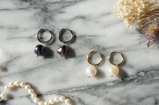 Minimal baroque white/black pearl hoop earrings/ gold and silver plated pearl earrings