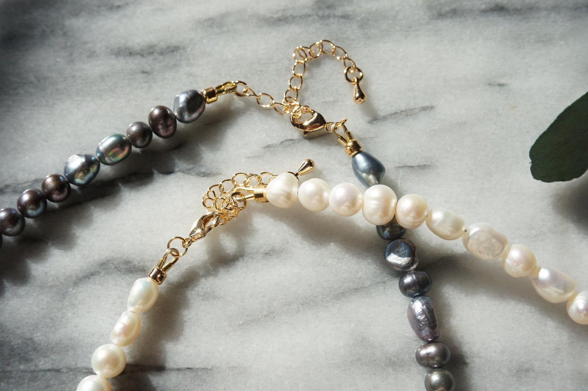 Genuine Freshwater Pearl Necklace: White and Peacock Black Pearls, 18k Gold Plated Brass Clasp