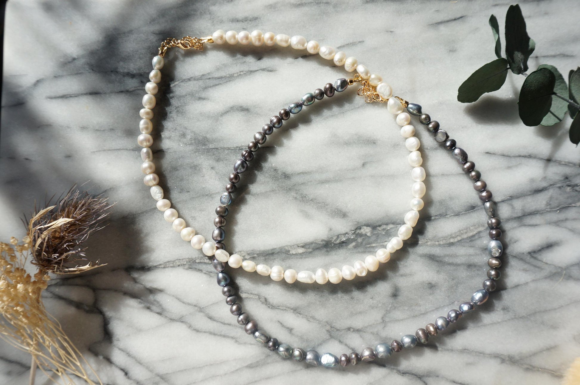 Genuine Baroque Pearl Necklace: White and Peacock Black Pearls, 18k Gold Plated Brass Clasp