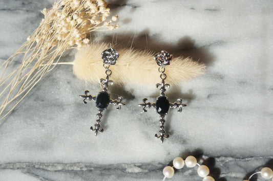 EDITH Rose Stud and Black Gem Cross Earrings