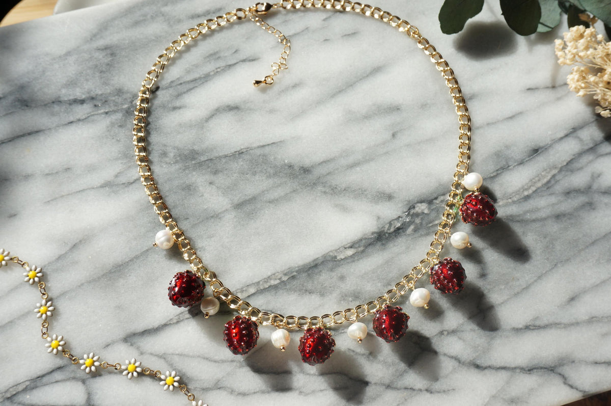 Gold Plated Brass Strawberry Pearl Necklace, Enamel Fruit Charm Jewelry