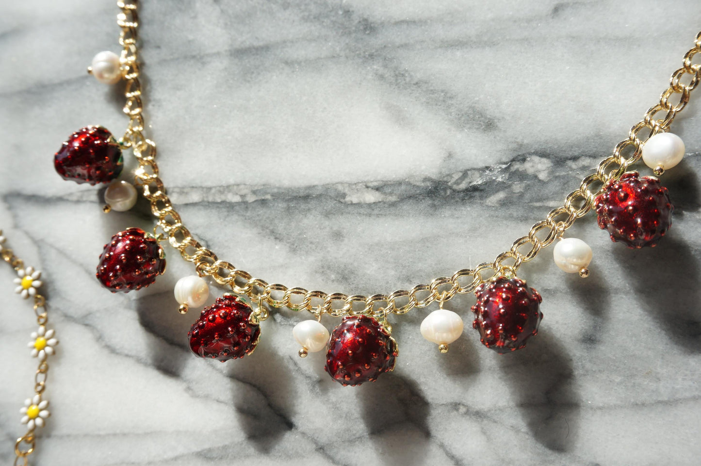 Strawberry Field Pearl cluster necklace, strawberries and pearl gold necklace