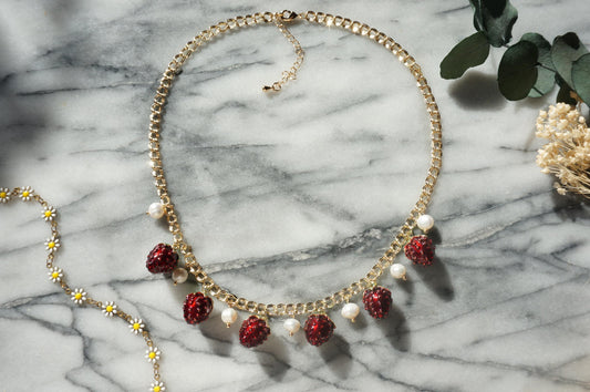 Strawberry Field Pearl cluster necklace, strawberries and pearl gold necklace