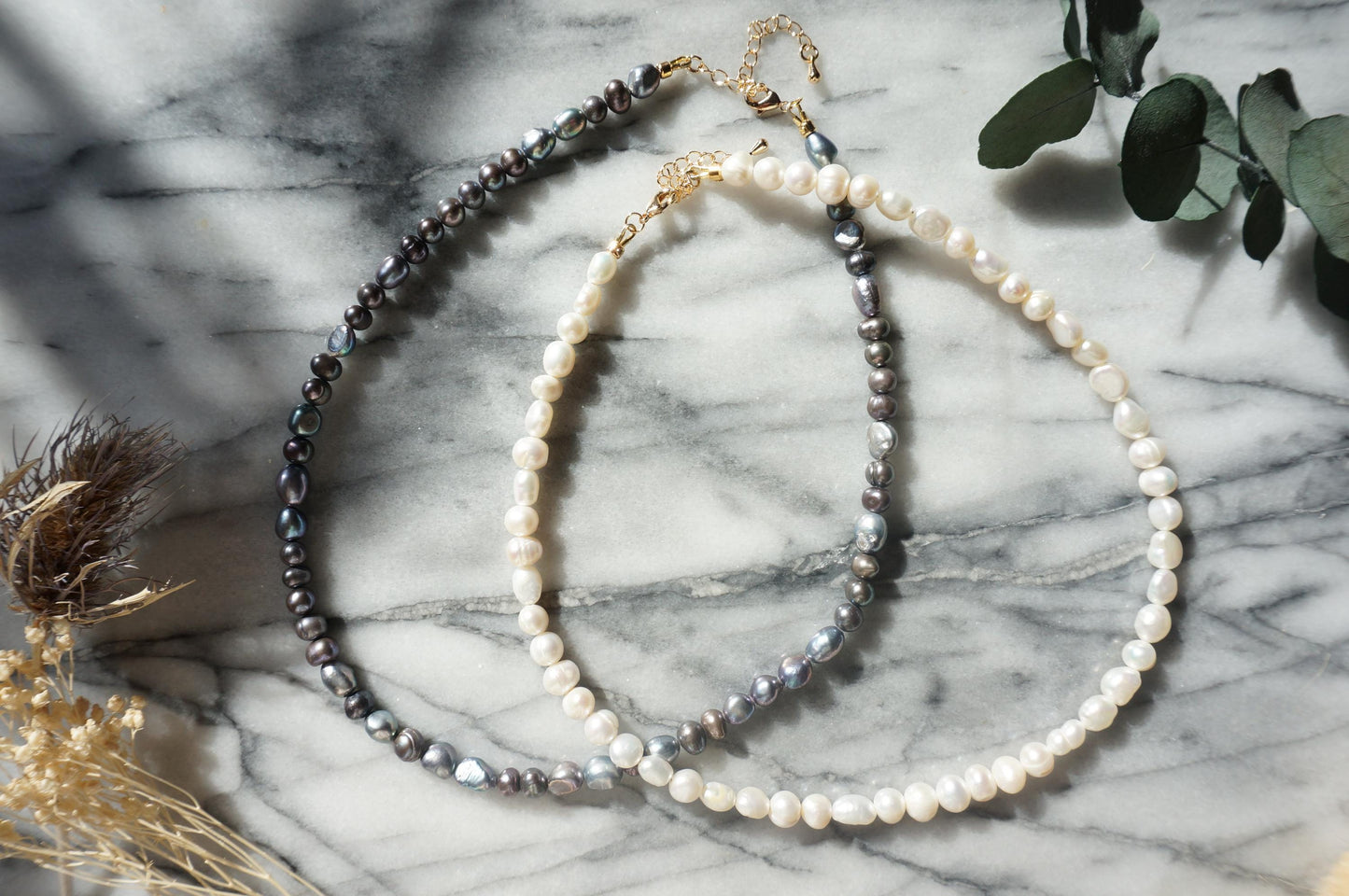Genuine Freshwater Pearl Necklace: White and Peacock Black Pearls, 18k Gold Plated Brass Clasp