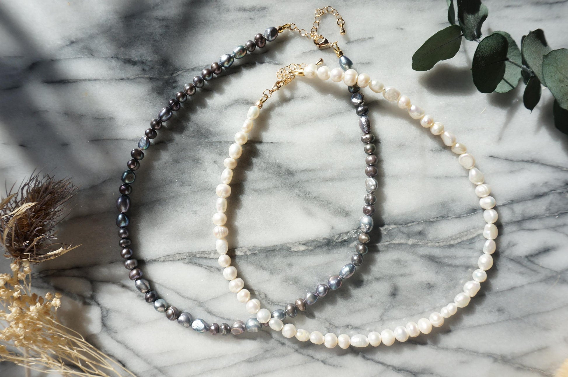 Genuine Freshwater Pearl Necklace: White and Peacock Black Pearls, 18k Gold Plated Brass Clasp